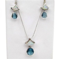 Silver Earrings and Pendant Set (Rhodium Plated) w/ Inlay Created Opal & Blue Topaz CZ