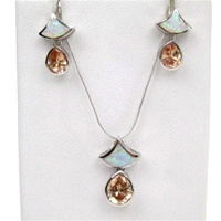 Silver Earrings and Pendant Set (Rhodium Plated) w/ Inlay Created Opal & Champagne CZ