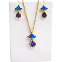 Silver Earrings and Pendant Set (Gold Plated) W/ Inlay Created Opal and Tanzanite CZ