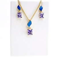 Silver Earrings and Pendant Set (Gold Plated) W/ Inlay Created Opal and Tanzanite CZ