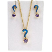 Silver Earrings and Pendant Set (Gold Plated) W/ Inlay Created Opal and Tanzanite CZ