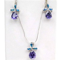 Silver Earrings and Pendant Set (Rhodium Plated) w/ Inlay Created Opal & Tanzanite CZ