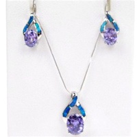 Silver Earrings and Pendant Set (Rhodium Plated) w/ Inlay Created Opal & Tanzanite CZ