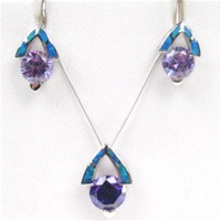 Silver Earrings and Pendant Set (Rhodium Plated) w/ Inlay Created Opal & Tanzanite CZ