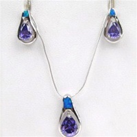 Silver Earrings and Pendant Set (Rhodium Plated) w/ Inlay Created Opal & Tanzanite CZ