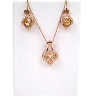 Silver Earring and Pendant (Rose Gold Plated) w/ Inlay Created Opal & Champagne CZ