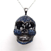 Silver Pendant (Gun Metal Finish) w/ Sapphire CZ  (Skull)