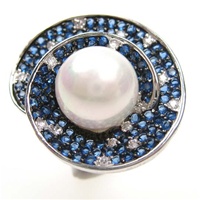 Silver Ring w/ White & Sapphire CZ, and Fresh Water Pearl