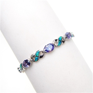Silver Bracelet with Inlay Created Opal & Tanzanite CZ
