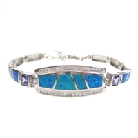 Silver Bracelet with Inlay Created Opal & Tanzanite CZ