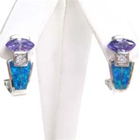 Silver Earring w/ Inlay Created Opal, White & Tanzanite CZ