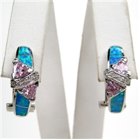 Silver Earrings with Inlay Created Opal, White and Pink CZ