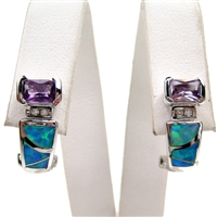 Silver Earrings with Inlay Created Opal, White and Amethyst CZ
