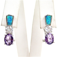 Silver Earrings with Inlay Created Opal and Amethyst CZ