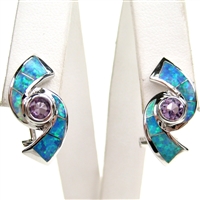Silver Earrings with Inlay Created Opal and Amethyst CZ