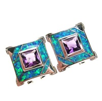 Silver Earrings (Rhodium Plated) w/ Inlay Created Opal & Amethyst CZ