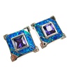 Silver Earrings (Rhodium Plated) w/ Inlay Created Opal & Tanzanite CZ