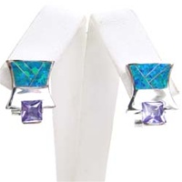 Silver Earring W/ Created Opal+Tanzanite+White CZ