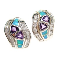 Silver Earrings (Rhodium Plated) w/ Inlay Created Opal, White & Amethyst CZ