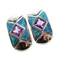 Silver Earrings (Rhodium Plated) w/ Inlay Created Opal & Amethyst CZ