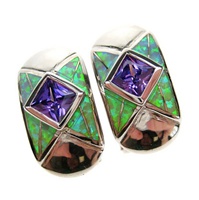 Silver Earrings (Rhodium Plated) w/ Inlay Created Opal & Tanzanite CZ