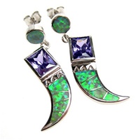Silver Earrings (Rhodium Plated) w/ Inlay Created Opal & Tanzanite CZ