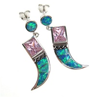 Silver Earrings (Rhodium Plated) w/ Inlay Created Opal & Pink CZ