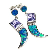 Silver Earrings (Rhodium Plated) w/ Inlay Created Opal & Tanzanite CZ
