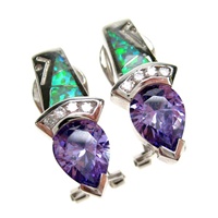Silver Earrings (Rhodium Plated) w/ Inlay Created Opal, White & Tanzanite CZ