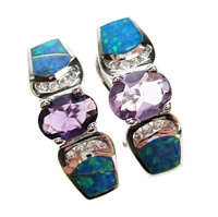 Silver Earrings (Rhodium Plated) w/ Inlay Created Opal, White & Amethyst CZ