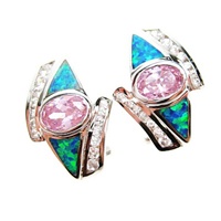 Silver Earrings (Rhodium Plated) w/ Inlay Created Opal, White & Pink CZ