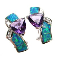 Silver Earrings (Rhodium Plated) w/ Inlay Created Opal, White & Amethyst CZ