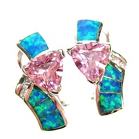 Silver Earrings (Rhodium Plated) w/ Inlay Created Opal, White & Pink CZ