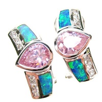 Silver Earrings (Rhodium Plated) w/ Inlay Created Opal, White & Pink CZ