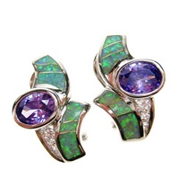Silver Earrings (Rhodium Plated) w/ Inlay Created Opal, White & Tanzanite CZ