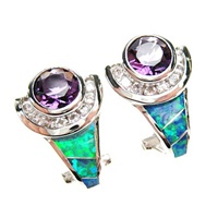 Silver Earrings (Rhodium Plated) w/ Inlay Created Opal, White & Amethyst CZ