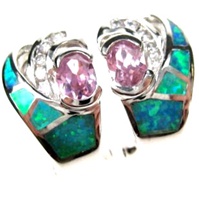 Silver Earrings (Rhodium Plated) w/ Inlay Created Opal, White & Pink CZ