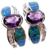 Silver Earrings (Rhodium Plated) w/ Inlay Created Opal, White & Amethyst CZ
