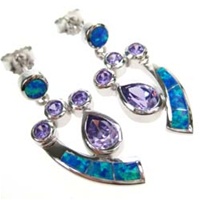 Silver Earring W/ Created Opal+Tanzanite CZ