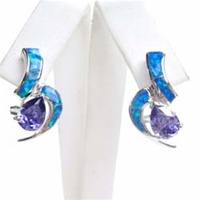 Silver Earring W/ Created Opal+Tanzanite+White CZCZ