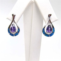 Silver Earring w/ Inlay Created Opal & Tanzanite CZ