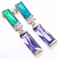 Silver Earrings (Rhodium Plated) w/ Inlay Created Opal & Tanzanite CZ