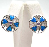 Silver Earring with Inlay Created Opal & Tanzanite CZ