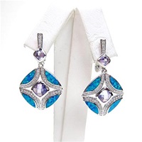Silver Earring with Inlay Created Opal,White & Tanzanite CZ