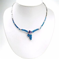 Silver Necklace (Rhodium Plated) w/ Inlay Created Opal, White & Tanzanite CZ
