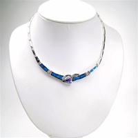 Silver Necklace (Rhodium Plated) w/ Inlay Created Opal, White & Tanzanite CZ