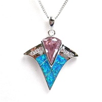 Silver Pendant with Inlay Created Opal, White and Pink CZ