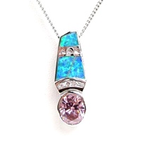 Silver Pendant with  Inlay Created Opal, White and Pink CZ