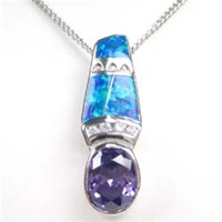 Silver Pendant with Inlay Created Opal, White and Tanzanite CZ