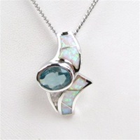 Silver Pendant w/ Created Opal Wht CZ & Blue Topaz